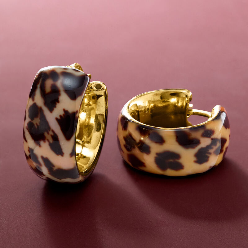 Italian Leopard-Print Enamel Hoop Earrings in 18kt Gold Over Sterling. 7/8" image number 2