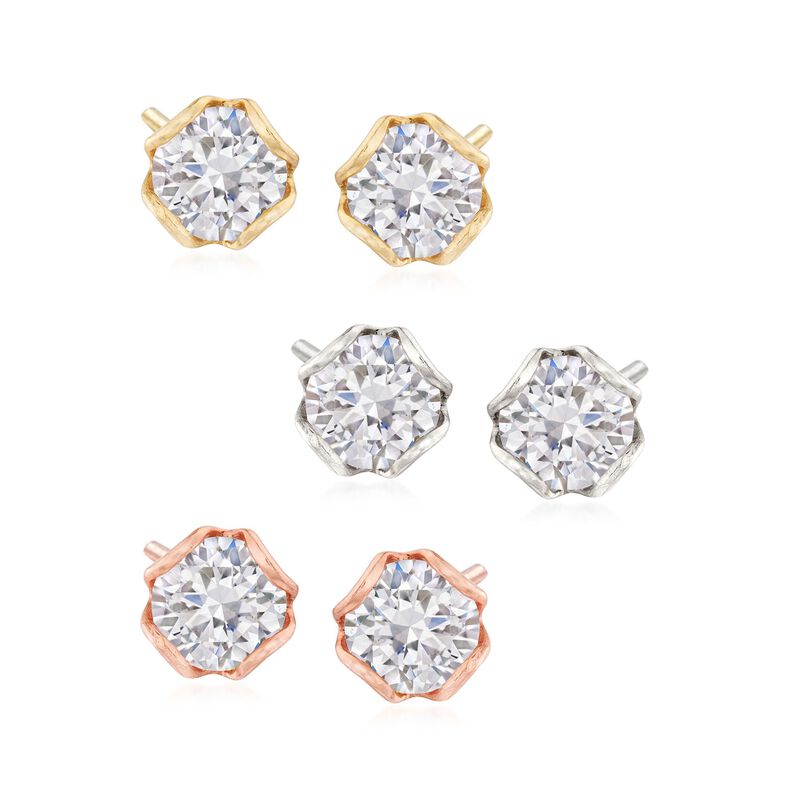 12.00 ct. t.w. CZ Jewelry Set: Three Pairs of Stud Earrings in Tri-Colored Sterling Silver image number 0