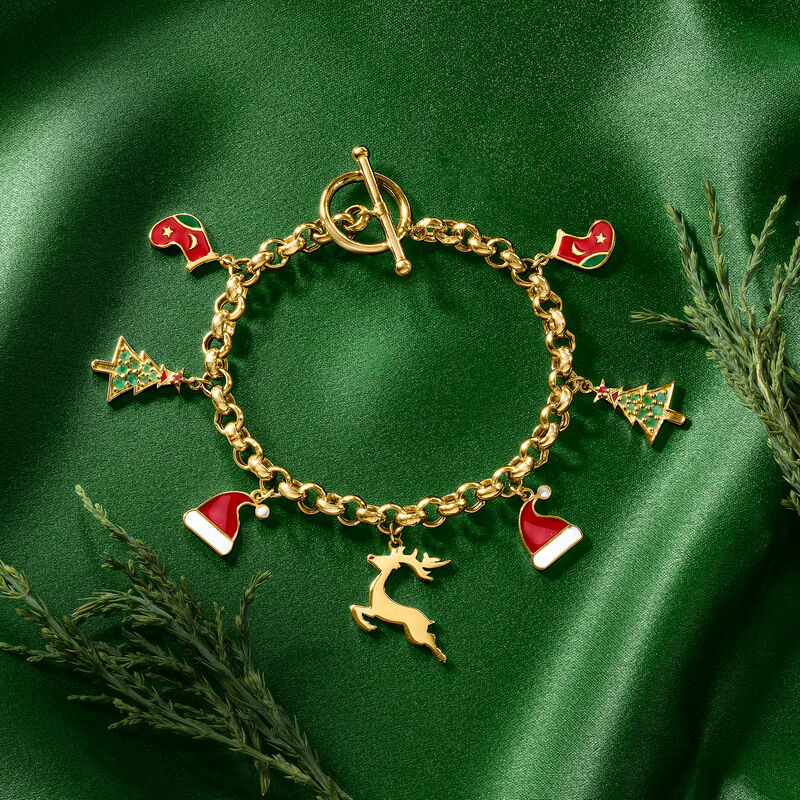 .24 ct. t.w. Multi-Gemstone Christmas Charm Toggle Bracelet with Multicolored Enamel in 18kt Gold Over Sterling image number 2