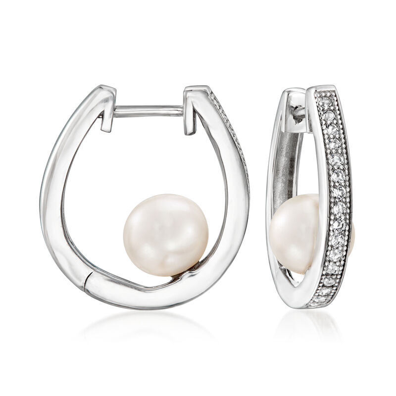 7-7.5mm Cultured Pearl and .60 ct. t.w. White Topaz Hoop Earrings in Sterling Silver. 5/8&quot; image number 0