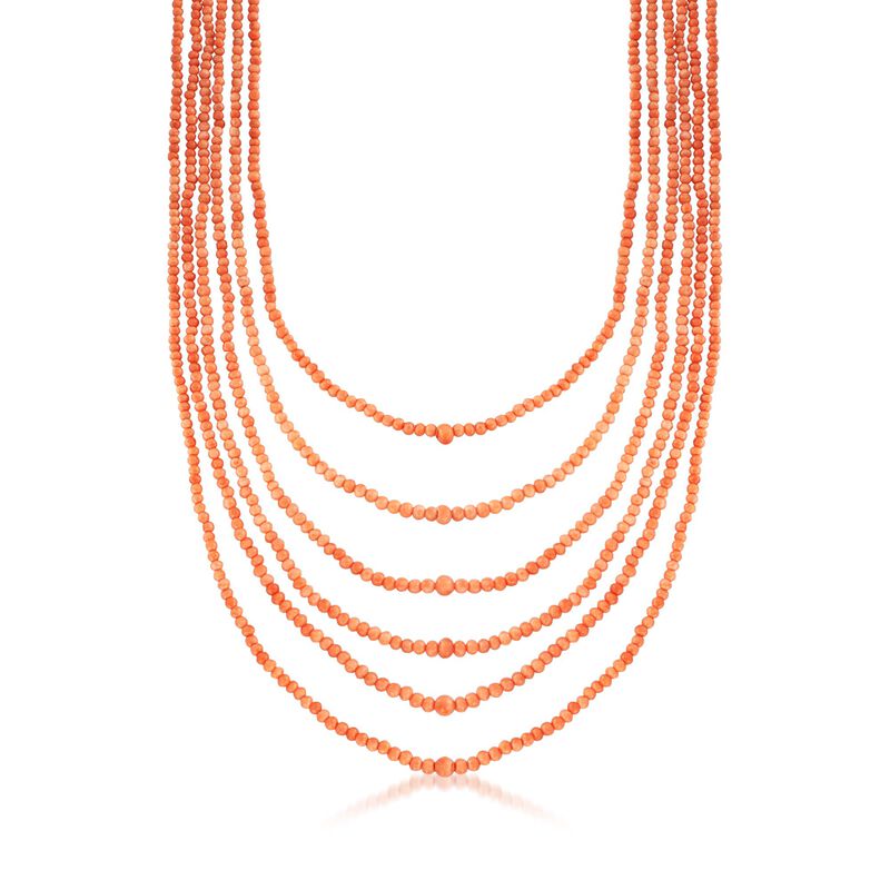C. 1960 Vintage 3mm Coral Bead Multi-Strand Necklace with Goldtone image number 0