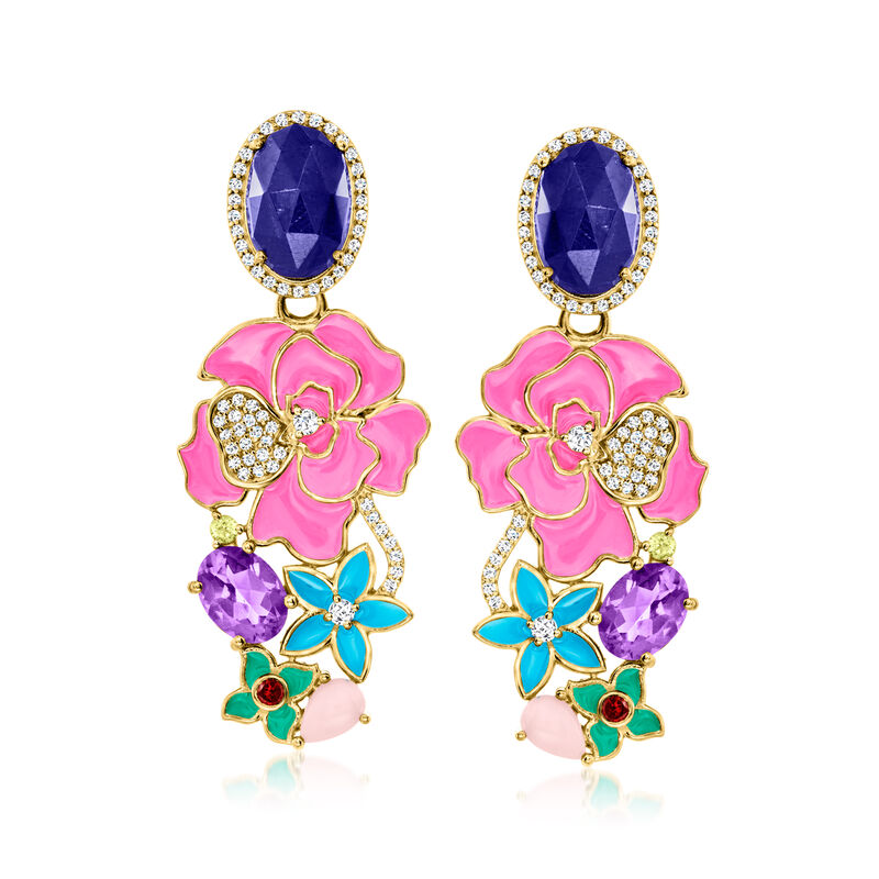 13.40 ct. t.w. Multi-Gemstone and Multicolored Enamel Flower Drop Earrings in 18kt Gold Over Sterling image number 0