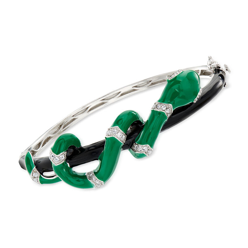 .80 ct. t.w. White Topaz and Green and Black Enamel Snake Bangle Bracelet image number 0