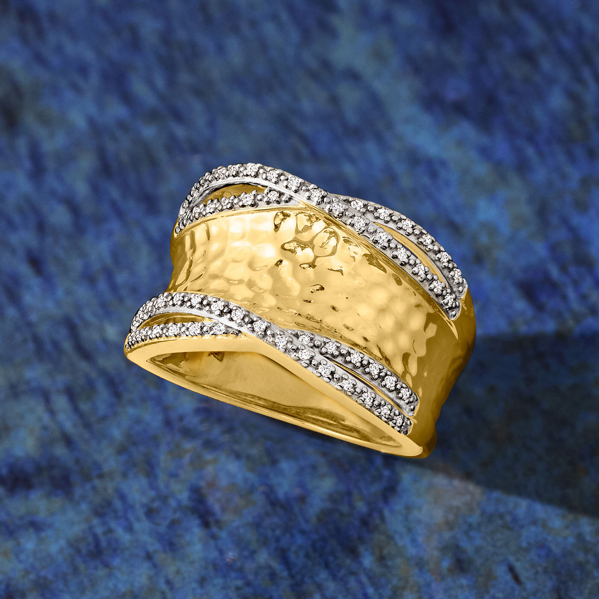 .13 ct. t.w. Diamond Hammered Ring in 18kt Gold Over Sterling