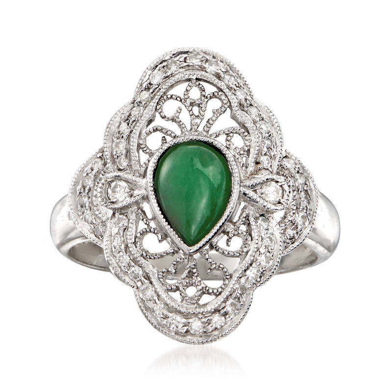 C. 1980 Vintage Jade and .33 ct. t.w. Diamond Ring in 18kt White Gold. Size 6.5 image number 0