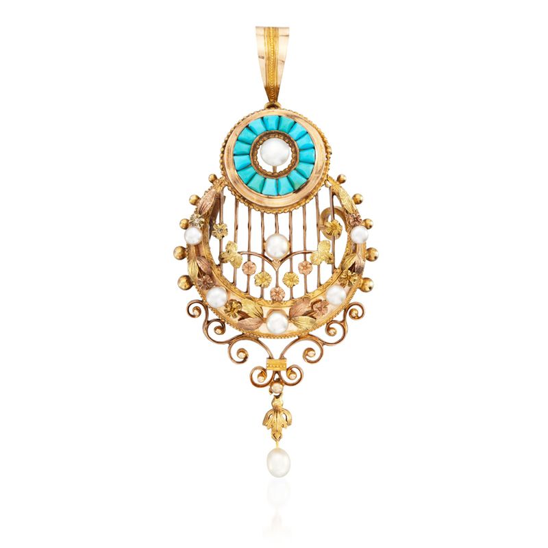 C. 1960 Vintage Turquoise and 3-5mm Cultured Pearl Pin Pendant in 18kt Tri-Tone Gold image number 0