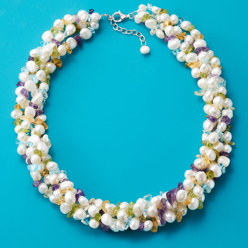 5-8mm Cultured Pearl and 105.00 Multi-Gemstone Torsade Necklace with Sterling Silver image number 4