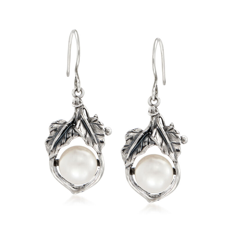 10-10.5mm Cultured Pearl Leaf Drop Earrings in Sterling Silver image number 0