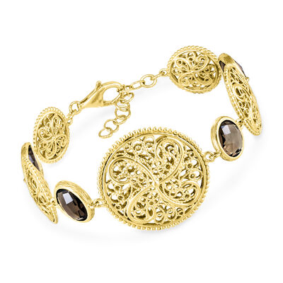 13.00 ct. t.w. Smoky Quartz Filigree Disc Bracelet in 18kt Gold Over Sterling