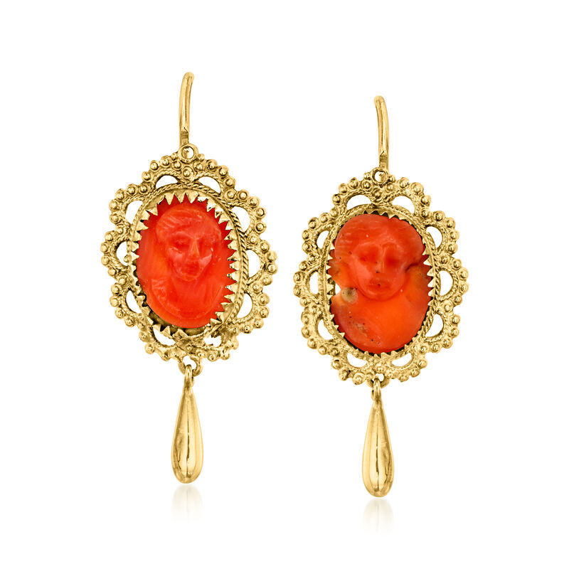 C. 1960 Vintage Coral Cameo Drop Earrings in 14kt Yellow Gold image number 0