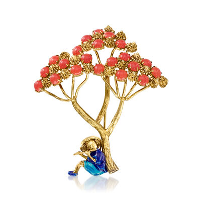 C. 1950 Vintage Red Coral Flute Player Tree Pin with Blue Enamel in 14kt Yellow Gold