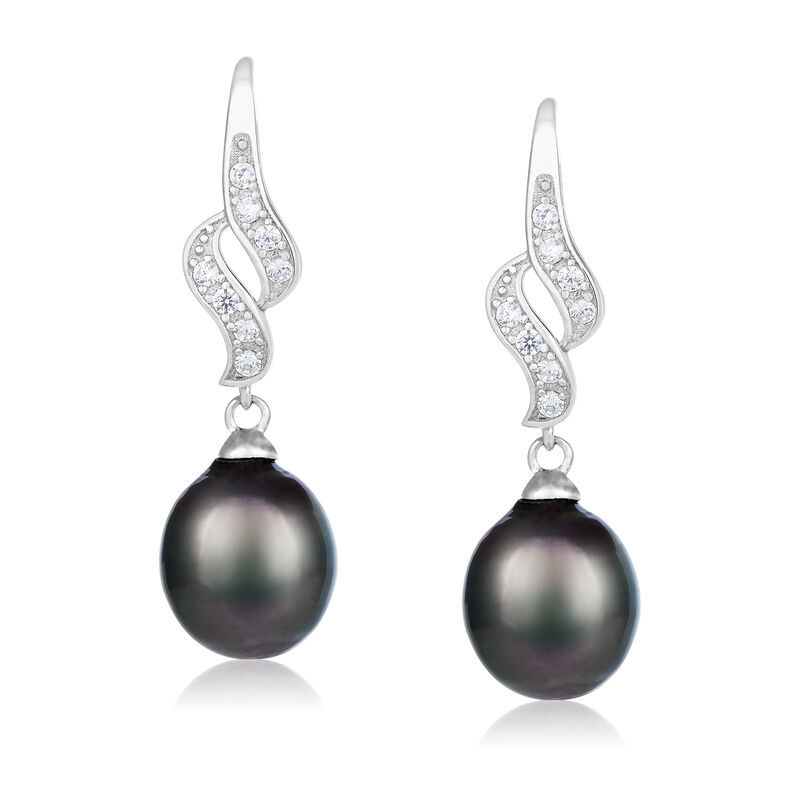 9-10mm Black Cultured Tahitian Pearl and .10 ct. t.w. CZ Drop Earrings in Sterling Silver image number 0