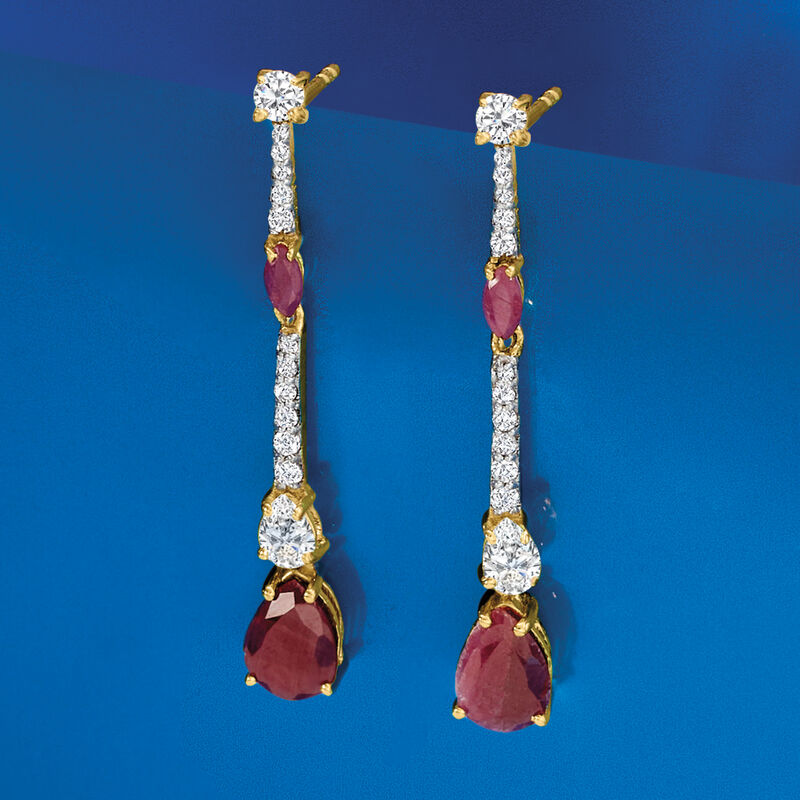 2.00 ct. t.w. Ruby and .80 ct. t.w. White Topaz Drop Earrings in 18kt Gold Over Sterling image number 2