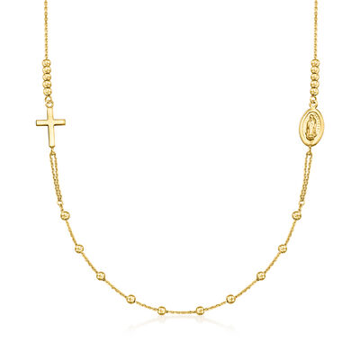 14kt Yellow Gold Cross and Virgin Mary Medallion Station Necklace