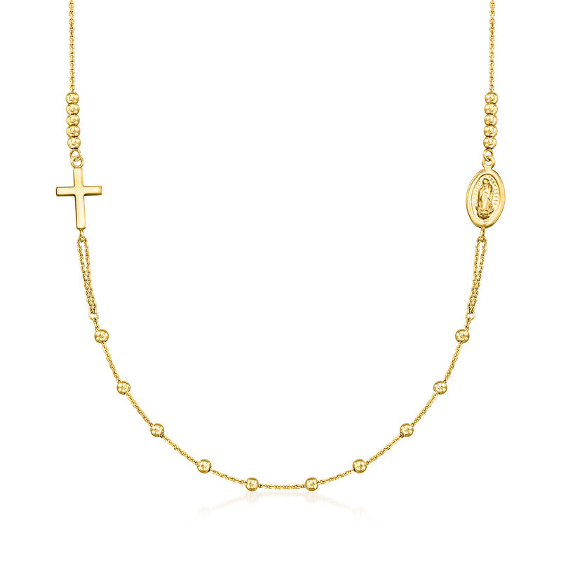 14kt Yellow Gold Cross and Virgin Mary Medallion Station Necklace. 18&quot; image number 1