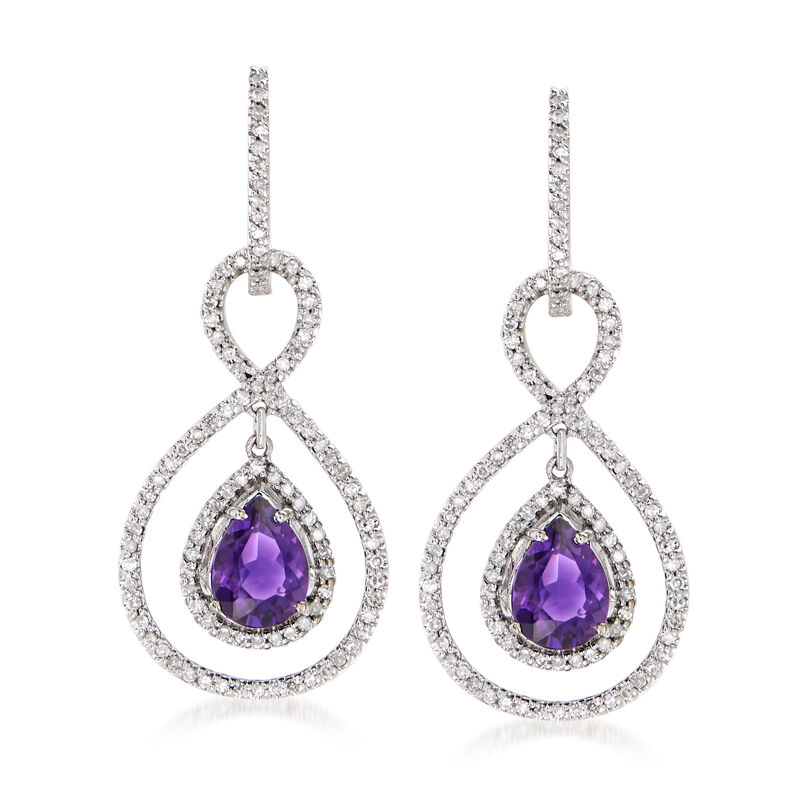 C. 1990 Vintage 2.20 ct. t.w. Amethyst and 1.05 ct. t.w. Diamond Drop Earrings in 14kt White Gold image number 0