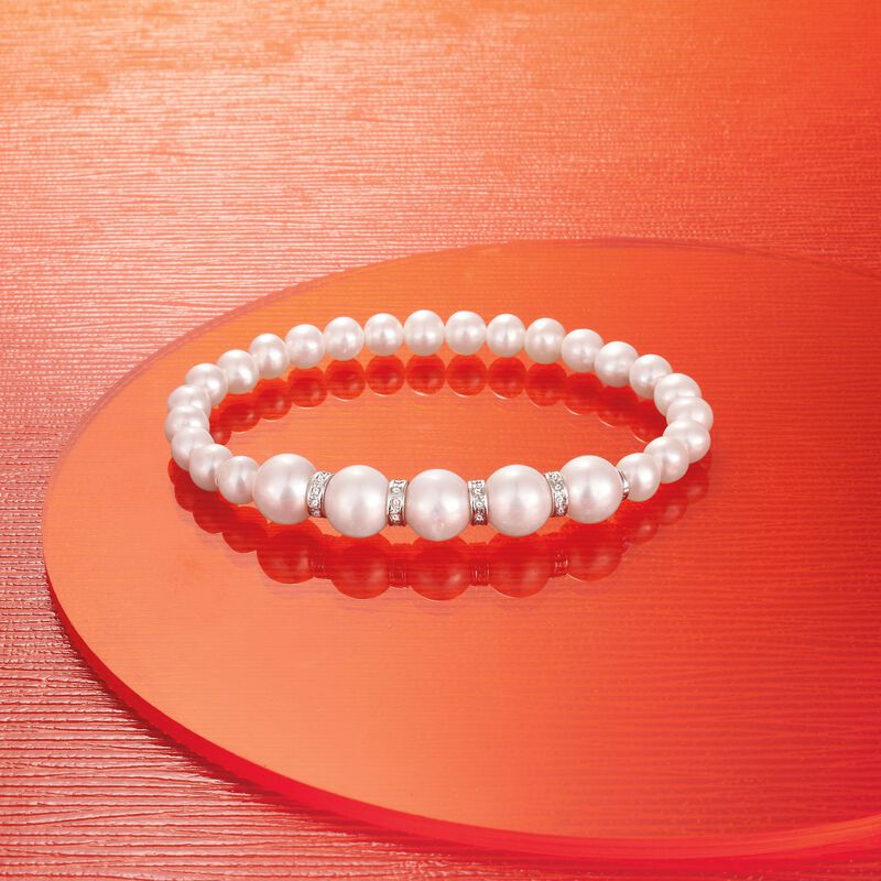 6-8.5mm Cultured Pearl and .25 ct. t.w. Diamond Stretch Bracelet with Sterling Silver image number 2