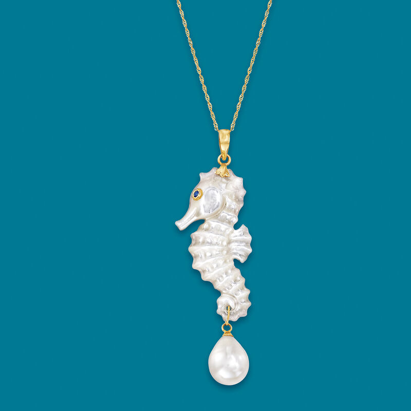 Mother-of-Pearl Seahorse Pendant with 9mm Cultured Pearl in 14kt Yellow Gold image number 2
