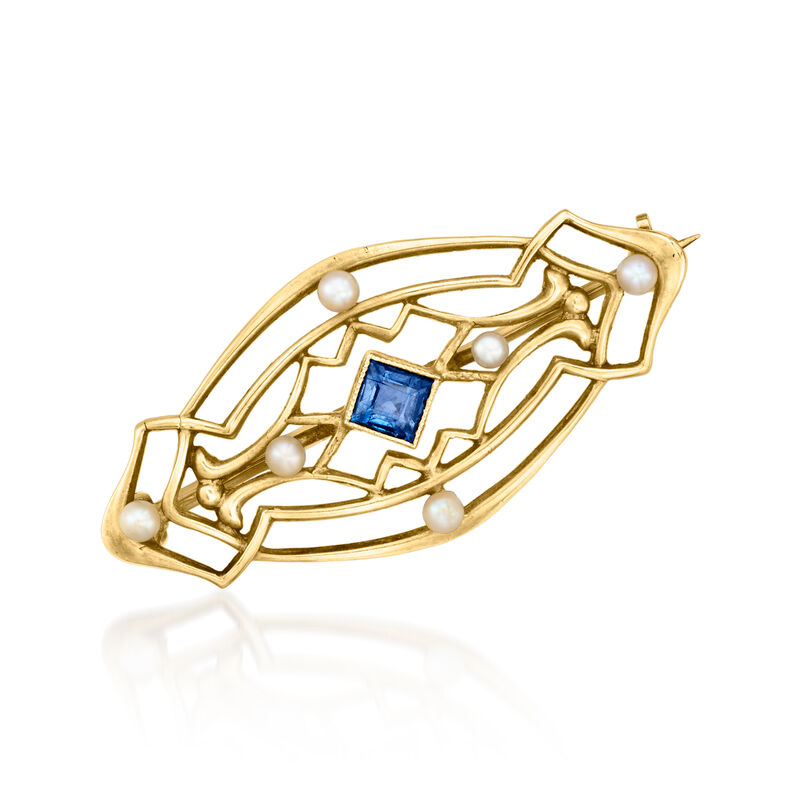 C. 1930 Vintage .16 Carat Sapphire Openwork Pin with Seed Pearls in 14kt Yellow Gold image number 0