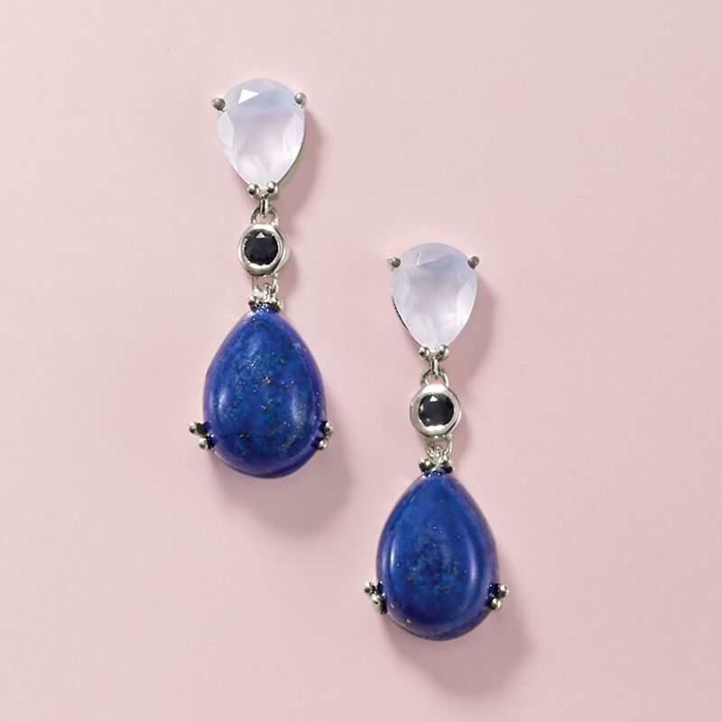 Lapis and White Chalcedony Drop Earrings with .20 ct. t.w. Sapphires in Sterling  image number 2