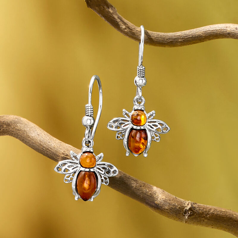 Sterling Silver Amber Honey Bee Drop Wire Earrings