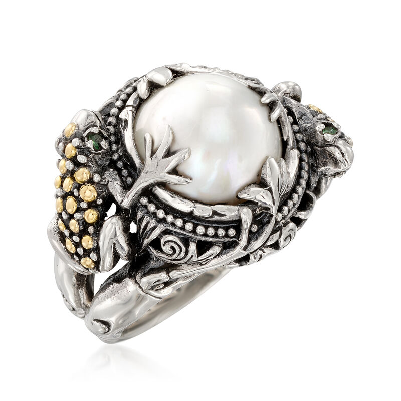 12mm Mabe Pearl Frog Ring in Sterling Silver with 18kt Gold image number 3