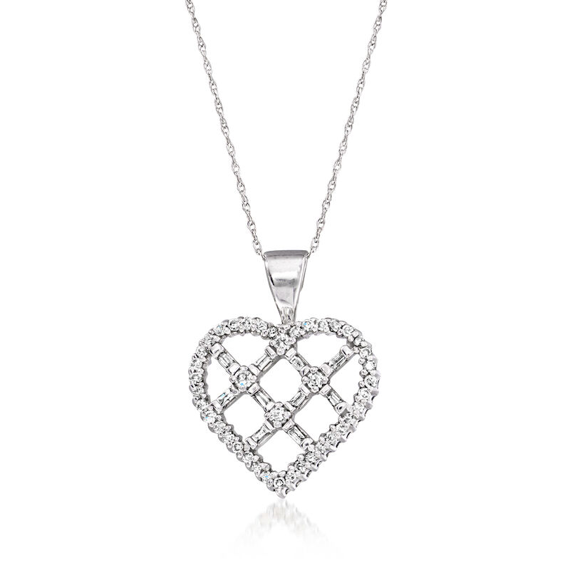 C. 1990 Vintage .60 ct. t.w. Diamond Openwork Heart Pendant Necklace in 10kt White Gold. 18" image number 0