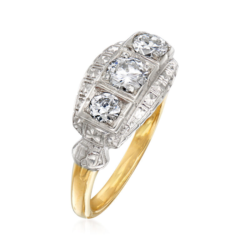 C. 1950 Vintage .85 ct. t.w. Diamond Three-Stone Ring in 14kt Two-Tone Gold. Size 7 image number 2