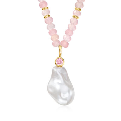 14kt Yellow Gold-Plated Necklace with 35.00 ct. t.w. Rose Quartz Beads, Simulated Pink Gem and Pearl