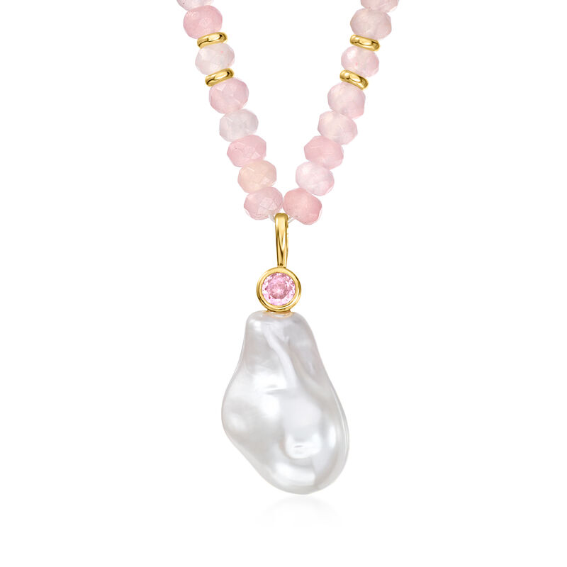 14kt Yellow Gold-Plated Necklace with 35.00 ct. t.w. Rose Quartz Beads, Simulated Pink Gem and Pearl. 18" image number 1