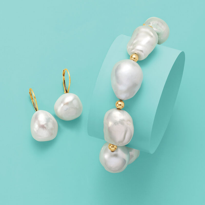 13-14mm Cultured Baroque Pearl Drop Earrings in 14kt Yellow Gold image number 5