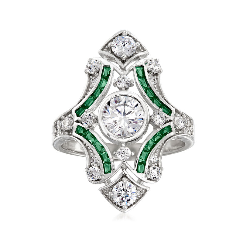 1.55 ct. t.w. CZ and .20 ct. t.w. Simulated Emerald Ring in Sterling Silver image number 0