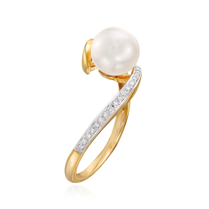 7mm Cultured Pearl and Diamond-Accented Bypass Ring in 14kt Yellow Gold image number 2