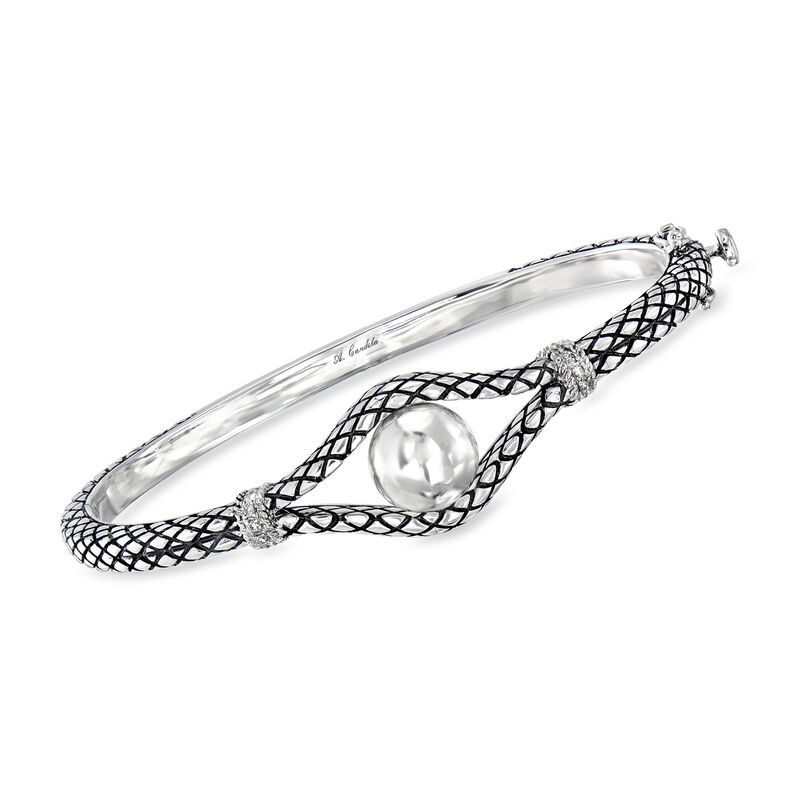 Andrea Candela &quot;Marbella&quot; Sterling Silver Ball Bangle Bracelet with Diamonds and Black Enamel. 7.5&quot; image number 0