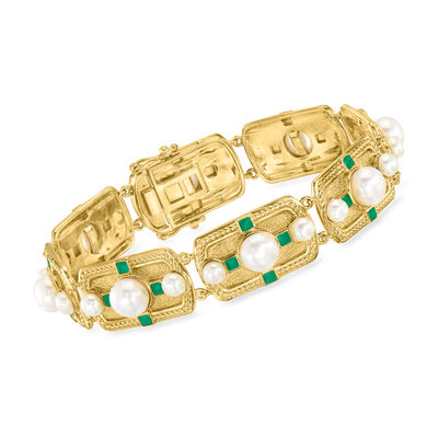 3.5-6.5mm Cultured Pearl and Green Enamel Bracelet in 18kt Gold Over Sterling