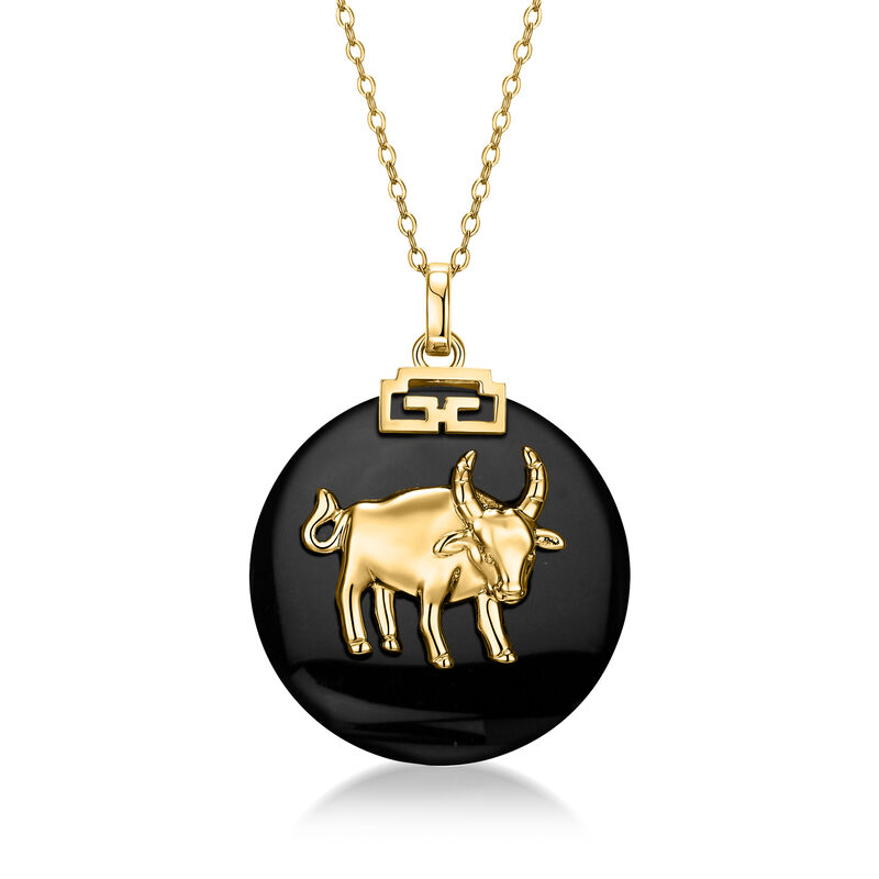 Ox - Black Agate Chinese Zodiac Pendant Necklace in 18kt Gold Over Sterling. 18"  image number 0