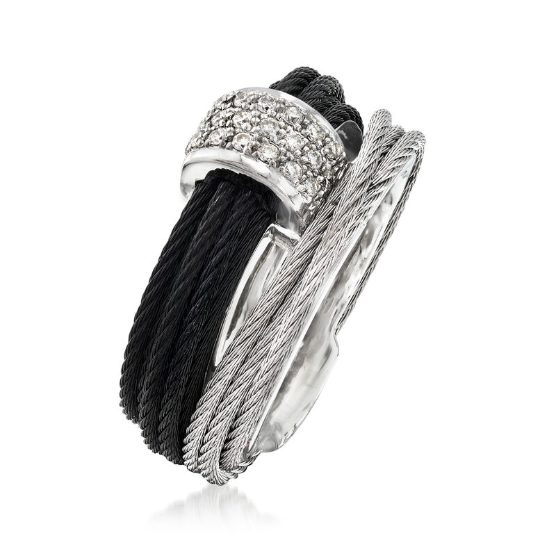 ALOR &quot;Noir&quot; .16 ct. t.w. Diamond Two-Tone Stainless Steel Cable Ring with 18kt White Gold image number 2