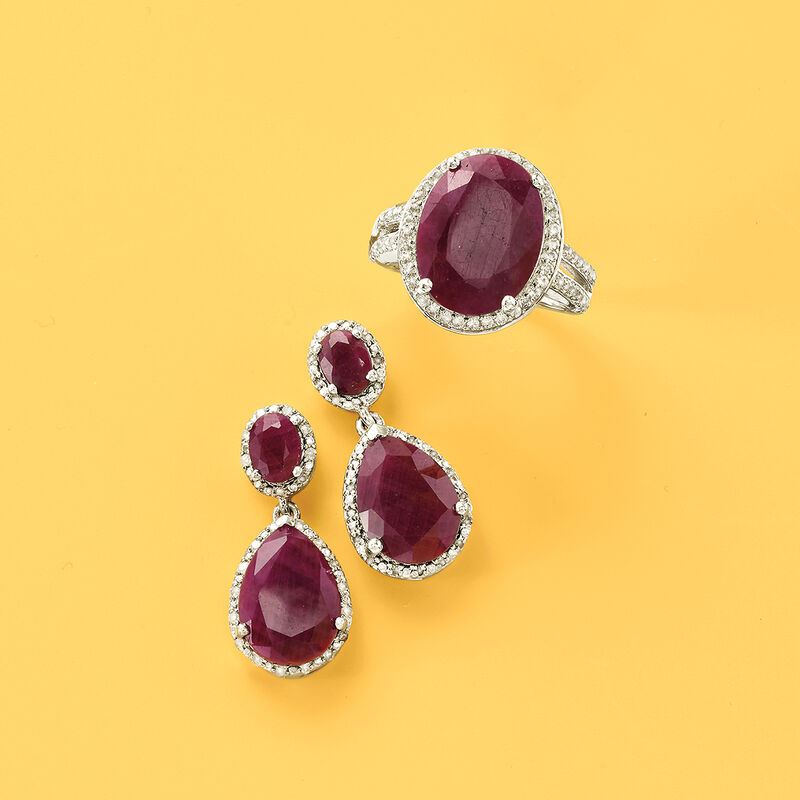 12.90 ct. t.w. Ruby and .35 ct. t.w. Diamond Drop Earrings in Sterling Silver image number 3