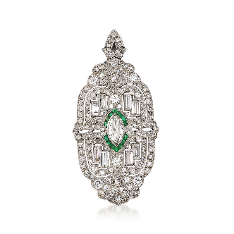 C. 1950 Vintage 4.55 ct. t.w. Diamond and .35 ct. t.w. Emerald Pin/Pendant Necklace in Platinum image number 2