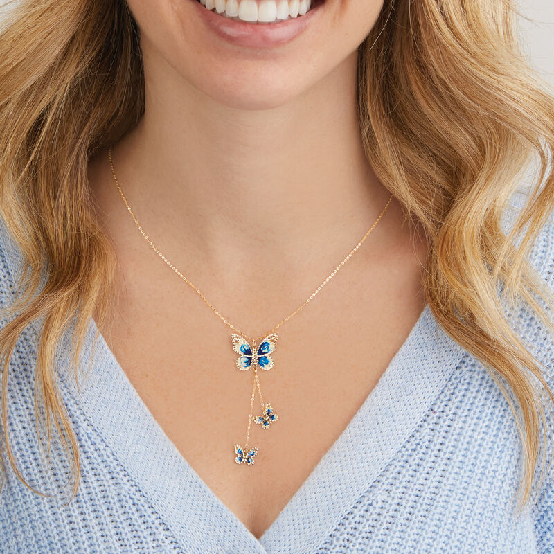 Italian 14kt Yellow Gold Butterfly Necklace with Blue and White Enamel image number 3