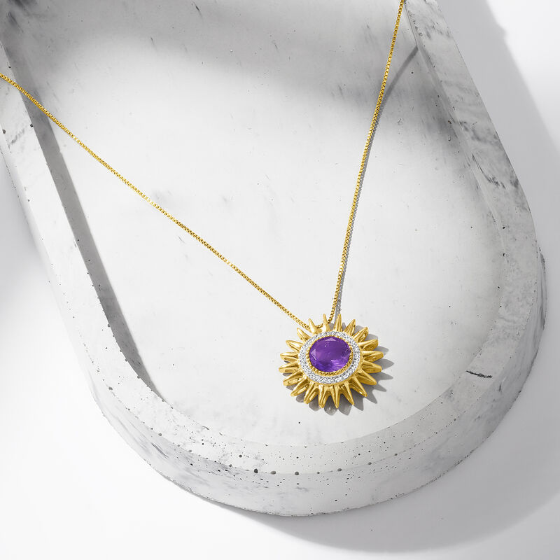 2.50 Carat Amethyst and .10 ct. t.w. Diamond Sun Pendant Necklace in 18kt Gold Over Sterling. 18&quot; image number 2