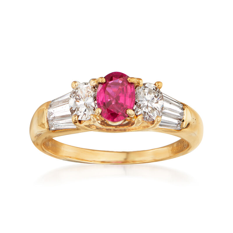 C. 1980 Vintage .63 Carat Ruby and 1.02 ct. t.w. Diamond Ring in 18kt Yellow Gold. Size 6 image number 0