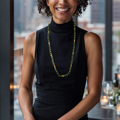 C. 1980 Vintage Nephrite Bead Necklace with 14kt Yellow Gold