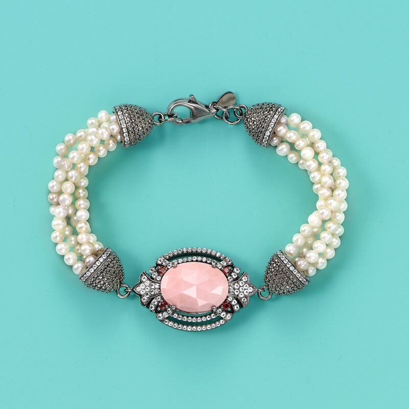 Opal, Cultured Pearl, 1.60 ct. t.w. White Topaz and .20 ct. t.w. Garnet Bracelet in Sterling Silver image number 2