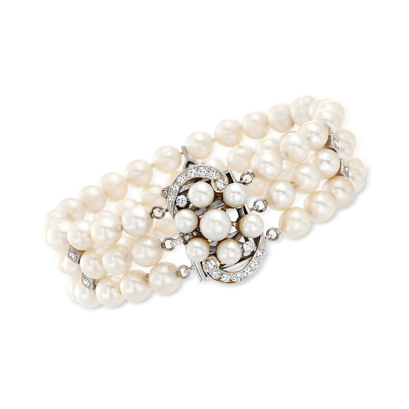 C. 1950 Vintage Cultured Pearl and .35 ct. t.w. Diamond Multi-Strand Bracelet in 14kt White Gold. 7.25&quot; image number 0