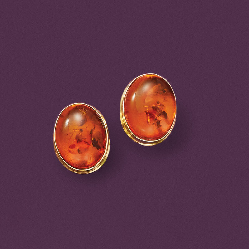 10x8mm Amber Stud Earrings in 14kt Yellow Gold image number 2