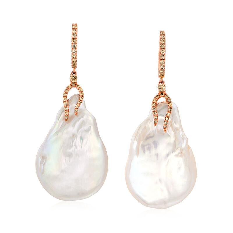 30x20mm Cultured Baroque Pearl and .50 ct. t.w. Brown Diamond Drop Earrings in 18kt Rose Gold image number 0