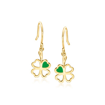 Italian 14kt Yellow Gold Shamrock Drop Earrings with Green Enamel