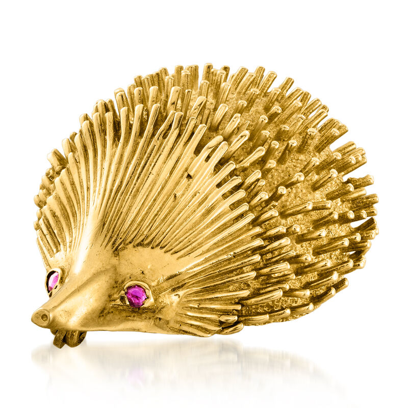 C. 1960 Vintage 18kt Yellow Gold Hedgehog Pin with Ruby Accents  image number 2