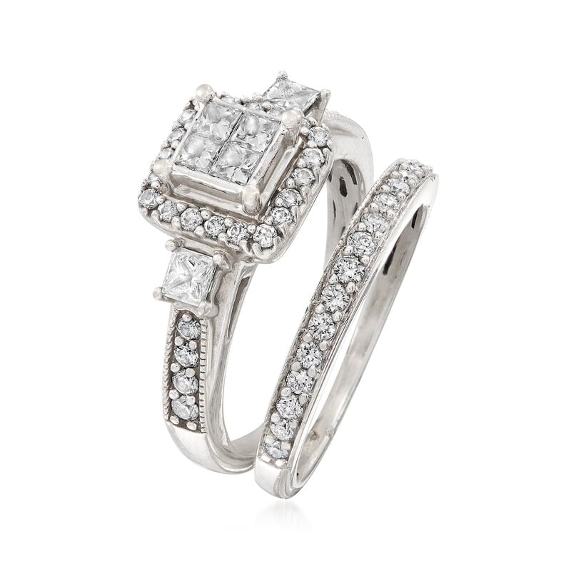 C. 1990 Vintage .90 ct. t.w. Diamond Bridal Set: Engagement and Wedding Rings in 10kt White Gold image number 2